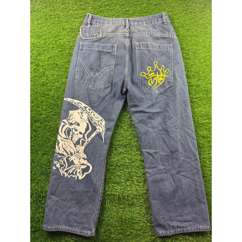 Vintage Y2K Jean Baggy Wide Leg Grim Reaper Skull Skater Hip Hop Sz L